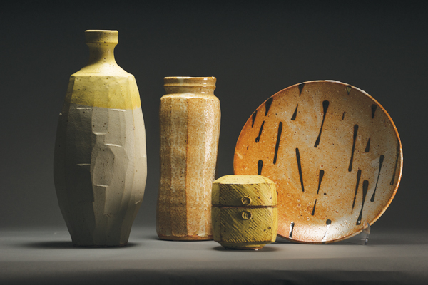 1 Warren MacKenzie’s bottle, faceted vase, lidded box, and platter, up to 17 in. (43 cm) in height, stoneware, 2005–06.