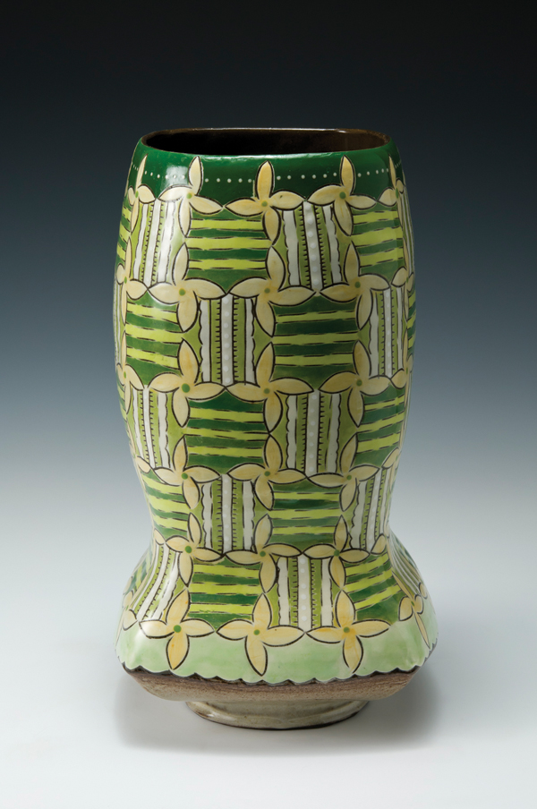 2 Colleen McCall’s Fresh Greens vase, 12 in. (30 cm) in height, stoneware, porcelain slips, underglaze, fired to cone 5, 2015. Photo: ARC Photographic Images.