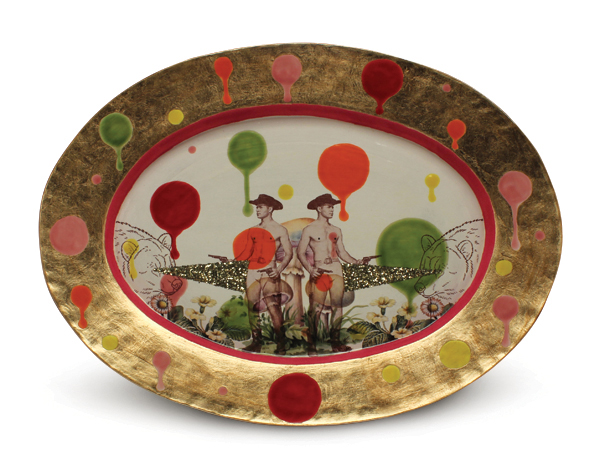 1 Wesley Harvey’s Double Bear Stare Platter, 18 in. (46 cm) in length, earthenware, slip, glaze, silver luster, laser decals, gold leaf, glitter, resin, hot pink rayon fibers, commercial decals, 2016. 