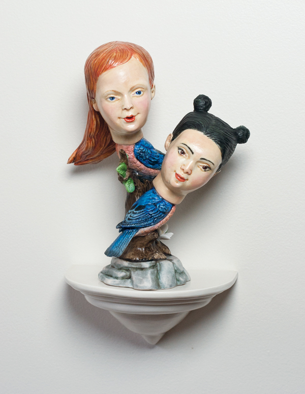 1 Cynthia Consentino’s Baby Blues (Bluebirds), 7½ in. (19 cm) in height, altered commercial figurine, mixed media, 2015.