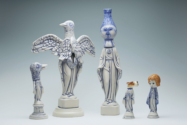 4 From left to right: Cynthia Consentino’s Bird Mary II, Winged Madonna II, vessel, Dog Mary II, and Cartoon Mary, to 14 in. (37 cm) in height, porcelain, 2015. Photo: Bob Benns.