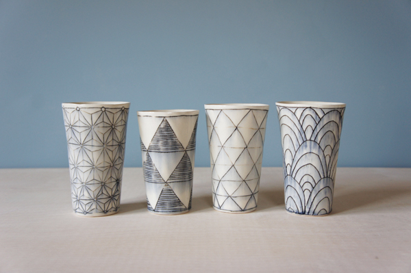 1 Giselle Hicks’ tumblers, porcelain, inlaid slip, 2015.