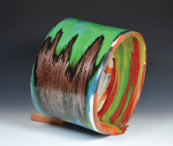 2 Lauren Mabry’s Spilling Pipe, 17 in. (43 cm) in diameter, earthenware, 2014.