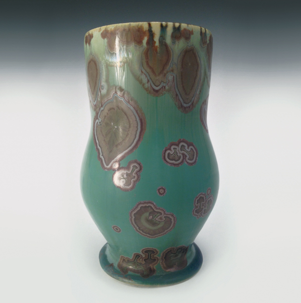 2 Brian Jensen’s dark green crystalline cup, 6 in. (15 cm) in height, porcelain, crystalline glaze, fired to cone 10, 2014.