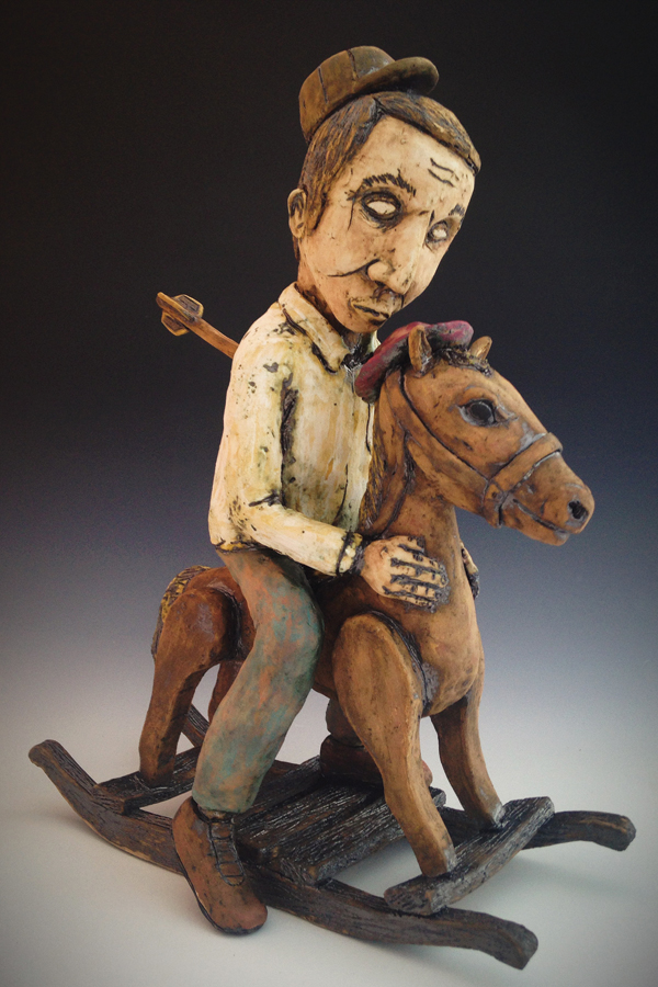1 Rickie Barnett’s Saturday Mornings With Timmy, 13 in. (33 cm) in height, stoneware, underglaze, oxides, 2014.