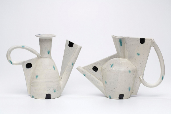 1 Mike Helke’s pouring pots, to 9 in. (23 cm) in height, earthenware, 2015. Photo: Peter Lee. 