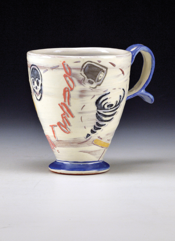 6 Linda Arbuckle's mug, earthenware, slips, die-cut stencils, glaze, made for 