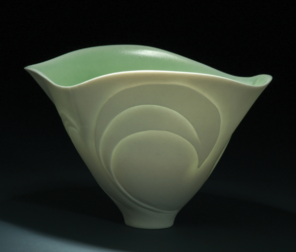 Flowing Leaves, 5¾ in. (15 cm) in height, wheel-thrown, altered, and carved porcelain, glazed interior, fired to cone 10, exterior polished with diamond sandpaper..