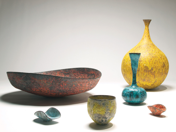 5 Bowls, bottles, and vessels, to 24 in. (61 cm) in height, wheel-thrown, low-fire, black basaltic clay, gloss and crater glazes, fired to cone 012, 2013.