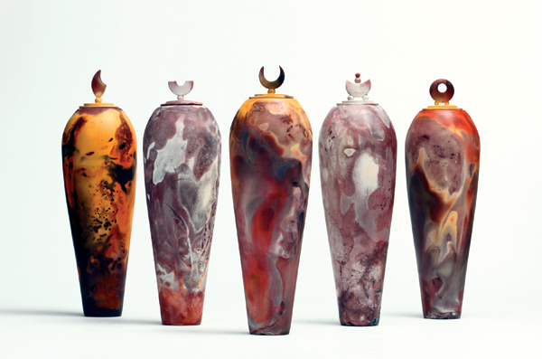 Gatherings, 20 in. (51 cm) height, slip-cast earthenware, bisque fired to 1980ºF (1082°C) (cone 03), raku fired to 1385–1652ºF (752–900°C), 2012.