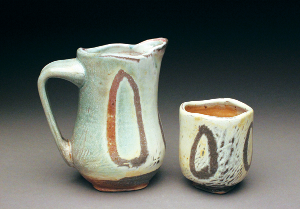 5 Pitcher and cup, 11 in. (23 cm) in height, porcelain, Green and Yellow Salt glazes, 2015. All pieces fired in a reduced wood/soda kiln fired to cone 10.
