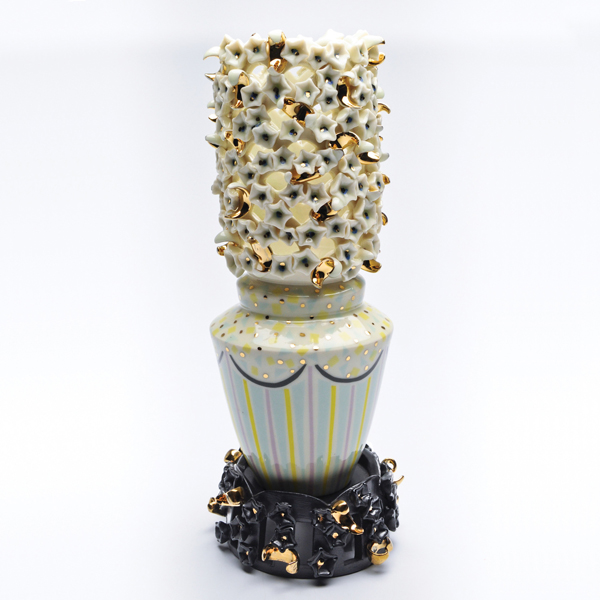Margaret Haden's Untitled, 14 in. (36 cm) in height, wheel-thrown porcelain, underglaze, layered glazes, fired to cone 6, hand-cut decals, gold luster, 2014.