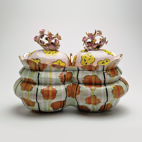 Margaret Haden's Mitosis Jar, 15 in. (37 cm) in length, coil-built and bisque-molded porcelain, underglaze, layered glazes, fired to cone 6, hand-cut decals, gold luster, 2014.