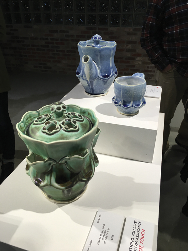 Lauren Smith’s vase, teapot, and mug, wheel-thrown and altered porcelain, glaze, fired to cone 10 in oxidation.