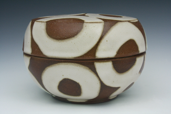 2 Circle salt box, 5 in. (13 cm) in diameter, brown stoneware, glaze, electric fired to cone 6, 2014.
