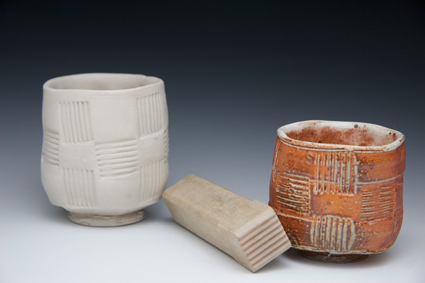 5 A greenware and a fired tea bowl with a stamp, 2015. Photos: Ralph Scala, Anderson Ranch Arts Center.