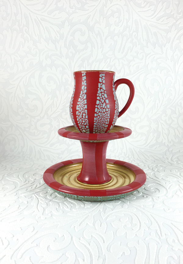 3. Lisa McGrath’s High Tea Cup and Saucer, 8 in. (20 cm) in height, handpainted stoneware, 2015. 