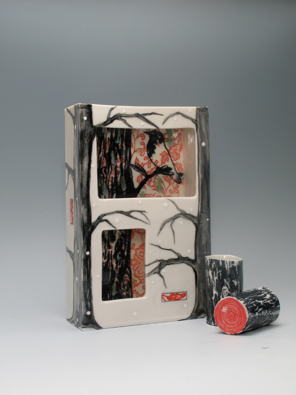4. Mindy Andrews’ Tree Block  with Stump Cups, 8½ in. (22 cm) in height, handpainted porcelain, 2015.