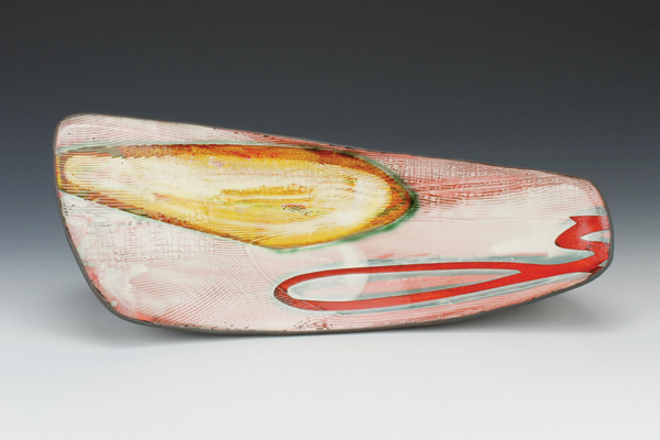 2 Serving boat–top view, 14½ in. (37 cm) in width, handbuilt stoneware, underglaze, fired to cone 6 in an electric kiln, 2016.
