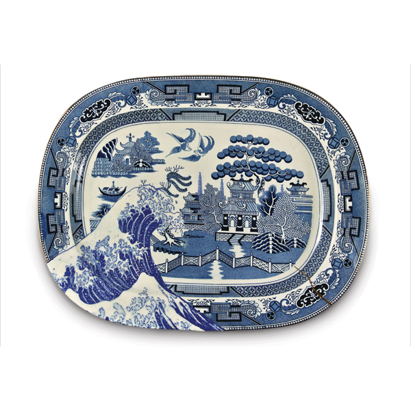 13 Paul Scott’s Scott with Cumbrian Blue(s), Fukushima, 17¾ in. (44 cm) in height, inglaze decal collage on partially erased earthenware platter, 2013.