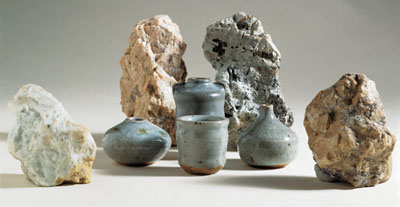 Feldspar rocks and test pots.