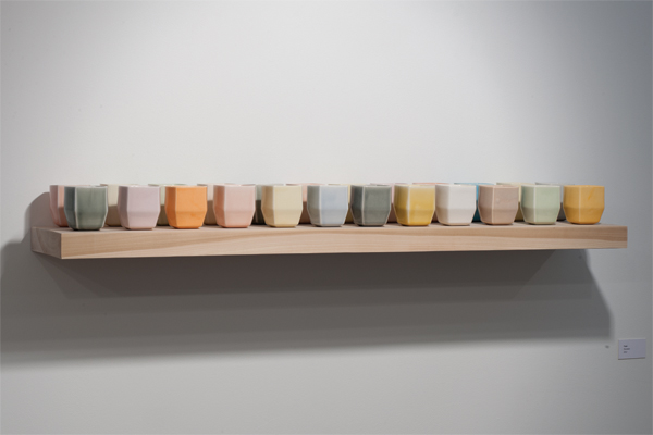 Cups of Color, slip-cast porcelain, glaze, ash wood, 2012. Photos: Brian Oglesbee.