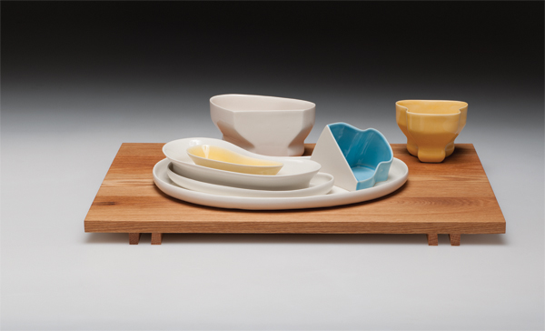 Tony and Pauline Breakfast in Bed, slip-cast porcelain, glaze, oak wood, 2012. Photos: Brian Oglesbee.