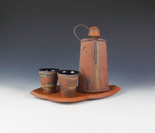 Layered flask set, mixed clay bodies with underglaze, satin wash, fired to cone 5.
