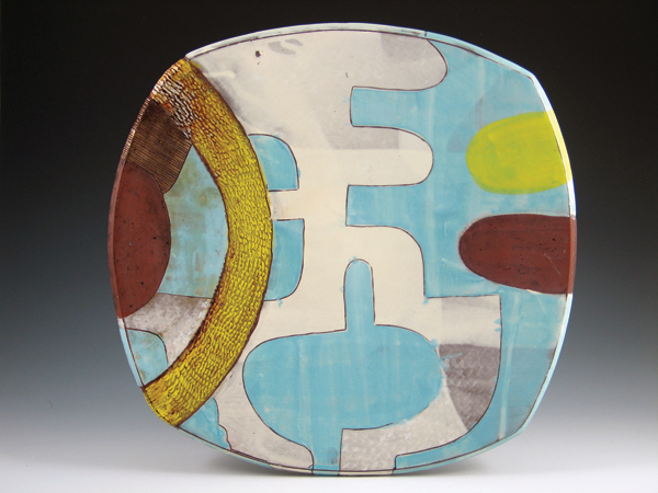 10 Decorated plate, 16 in. (41 cm) in length, stoneware, slips, glazes, washes, 2015.