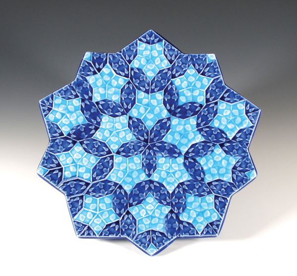 Slip-cast porcelain plate, Cobalt Blue and Turquoise Clear Glaze G19, fired to cone 6.