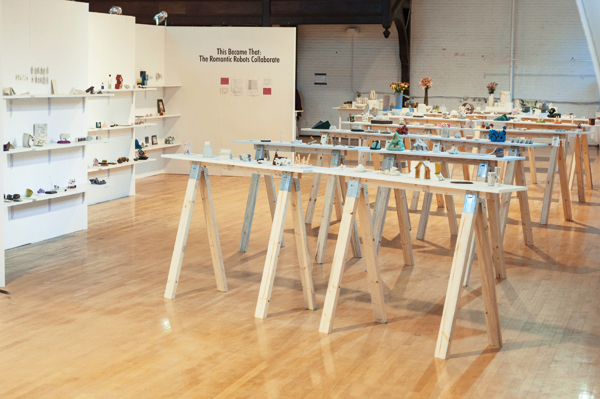 1 Overview showing the entire collection of 230 art objects constructed over a two year period by the Romantic Robots, 2015. 