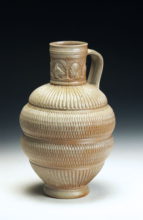 6 Self-portrait jug, 15 in. (38 cm) in height, wheel-thrown Maryland stoneware with carved, impressed, and sprigged decoration, salt glazed and wood fired to cone 9–10, 2002.