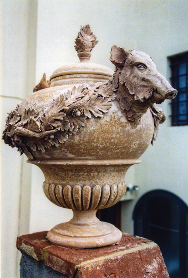 5 Boar-head vase with oak-leaf festoons, 23½ in. (60 cm) in height, wheel-thrown and hand-modeled terra cotta from Impruneta, gas fired to 1830°F (999°C), 2010.