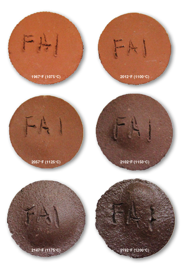 2 These tests were all made from the same terra-cotta body and fired to increasingly higher temperatures. Note that the samples are at or very near full density at the two lowest firing temperatures. However, at 2057°F (1125°C) a very slight bloat is evident. Each sample fired to a higher temperature becomes more vitrified. By 2192°F (1200°C) the body is seriously bloated, glassy, and obviously overfired. Photos: Matt Katz.