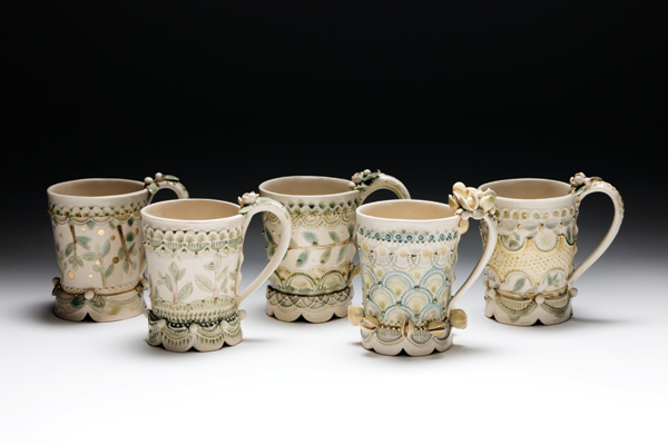 Cups, to 4 in. (10 cm) in height, handbuilt porcelain, fired to cone 6 in oxidation, 20-karat gold, 2015.