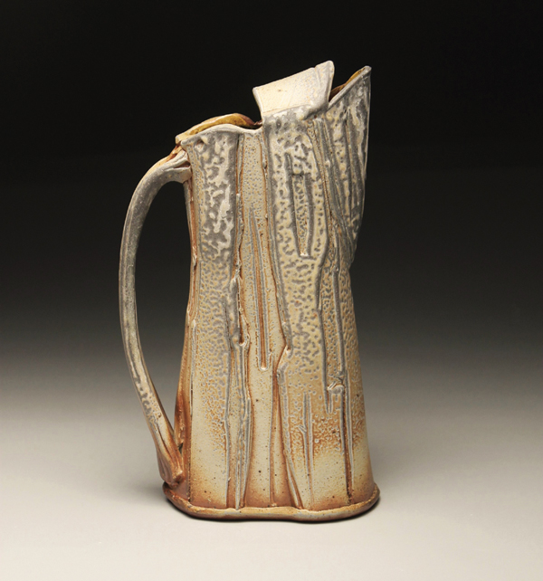 Pitcher, 12½ in. (32 cm) in height, handbuilt stoneware, raw clay, fired in a wood/soda kiln to cone 11 in reduction, 2015. 