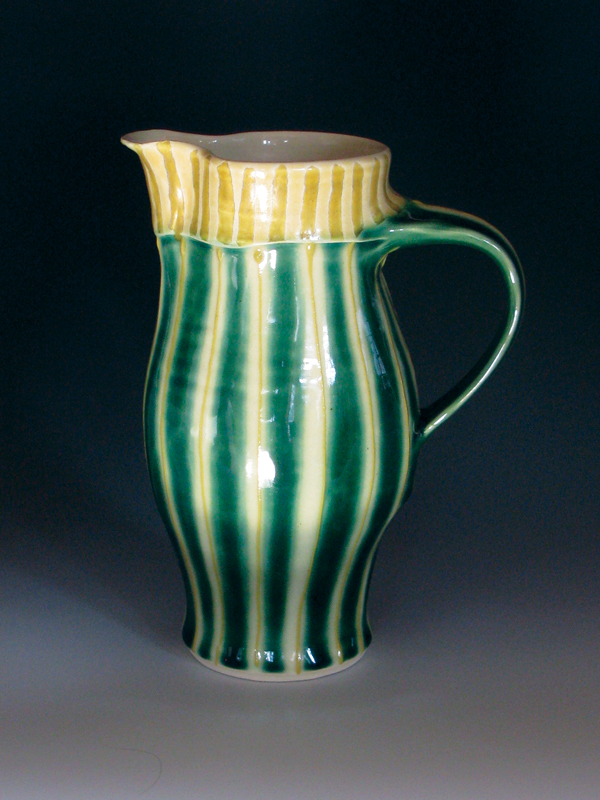 1 Claire Weissberg’s pitcher, 9½ in. (24 cm) in height, colored slip, glaze, fired to cone 6.