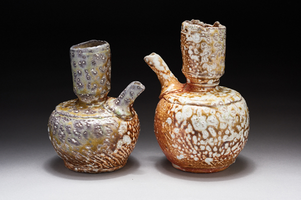 1 Dan Murphy’s pouring vessels, to 7 in. (18 cm) in height, wood-fired porcelaneous stoneware, natural ash, soda glaze