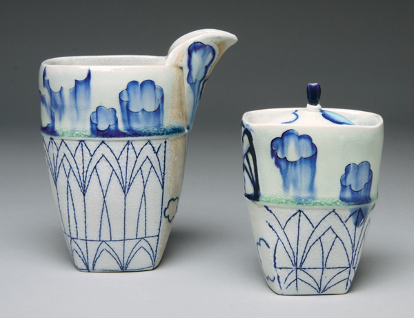 10 Creamer and sugar container from the Searching for Skyline series, porcelain, blue slip inlay, soda fired to cone 6, 2011.