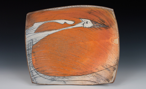 Crane plate, soda-fired stoneware, slips, glazes, 2016.