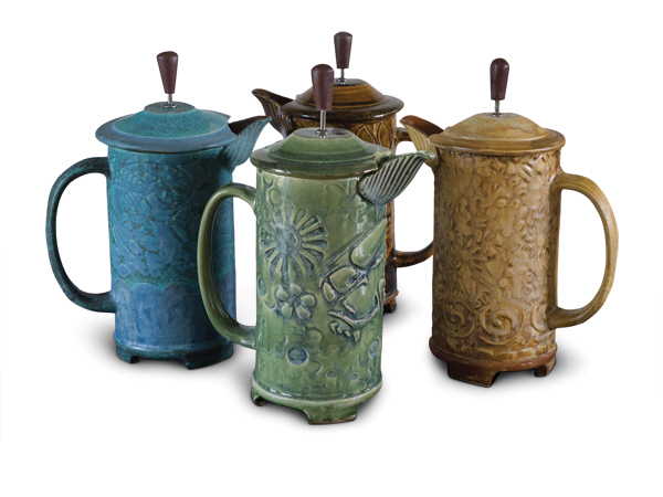 Nancy Gallagher's ceramic French presses, to 14 in. (36 cm) in height, (holds 32 oz), stoneware, fired to cone 6.