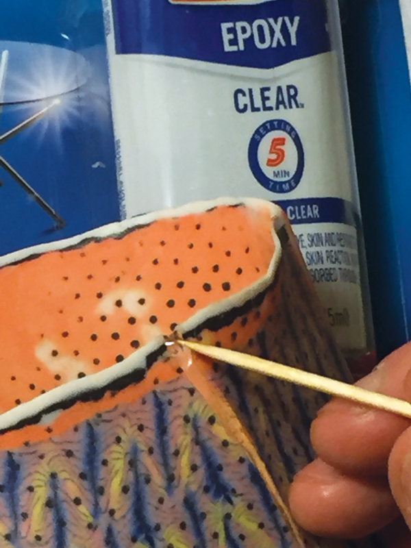 1 Mix the five-minute epoxy, then immediately apply it to the crack with a toothpick.