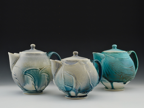 Teapot Trio, to 8 in. (20 cm) in height, porcelain, matte crystalline glaze, fired to cone 6 in an electric kiln, 2016.