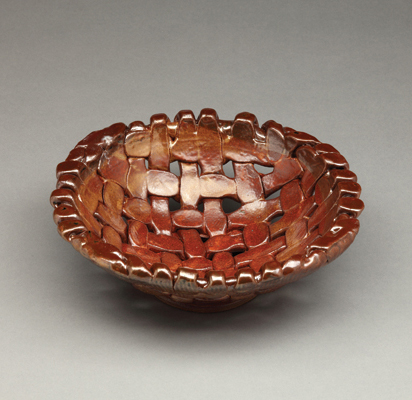 Three woven bowls, coil built, fired to cone 10 in a gas-fired reduction kiln. 9 in. (23 cm) in diameter, Continental Clay Buff Stoneware, shino glaze, 2014.
