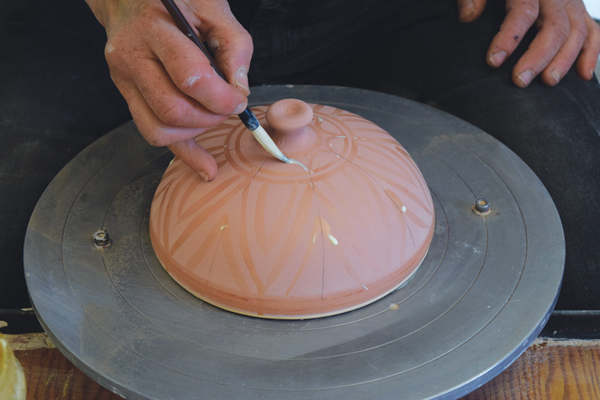 Stoneware Pitcher w/ Wax Relief Grid Pattern