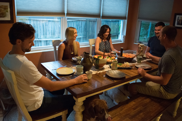 3 Dinner with family, friends, and handmade pots. Dinner party (left to right): Coner Farley, Lauren DeLalla, Makenzie Schiemann, Matt Schiemann, and Plamen Stoyanov, with Brenyn Stoyanov (behind the camera). 