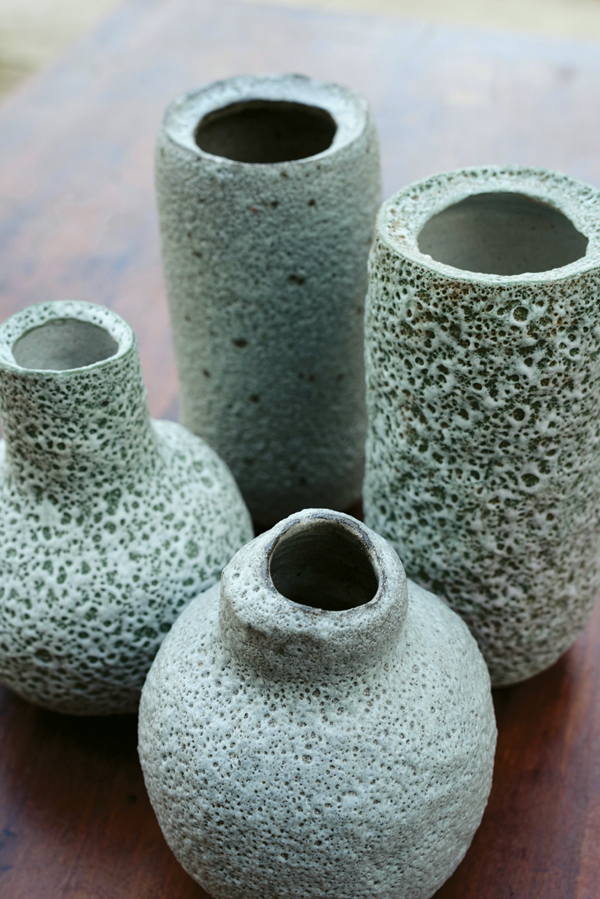 5 Volcanic vases, to 10 in. (25 cm) in height, glazed stoneware, fired to cone 9 in reduction, 2016. Photo: Andrew Craig.