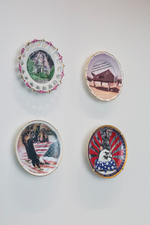Carrie Reichardt’s God Save America, Bringing the Boys Back Home, and Desert Storm, to 8 in. (20 cm) in height, ceramic with digital transfer, 2010.