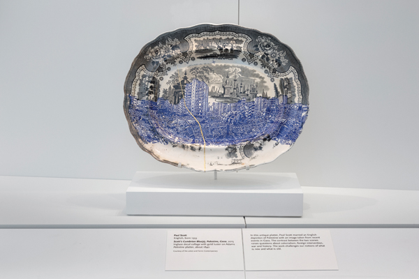 Paul Scott’s Scott’s Cumbrian Blue(s), Palestine, Gaza, 15 in. (38 cm) in height, inglaze decal collage with gold luster on Adams Palestine platter (ca. 1840), 2015.