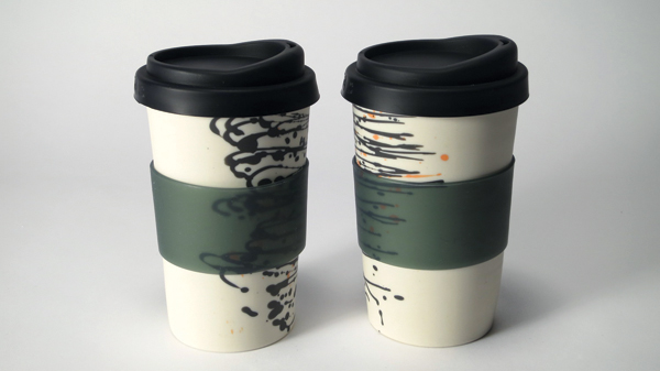 5 Black and white (and orange) to-go cups, 14 oz. cups, porcelain, Mason stains, fired to 2264°F (1240°C), 2016.